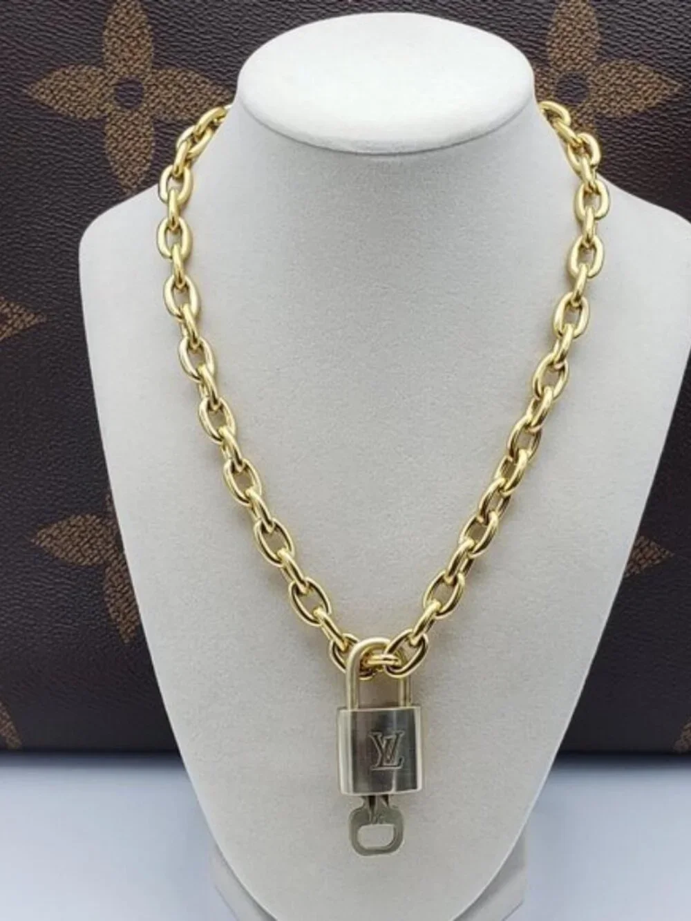 Authentic Louis Vuitton Gold Padlock w/Unbranded Stainless Steel Chain Necklace